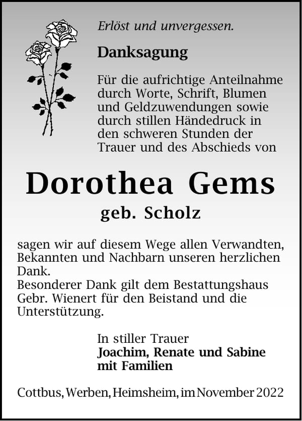 Danksagung Dorothea Gems, geb. Scholz