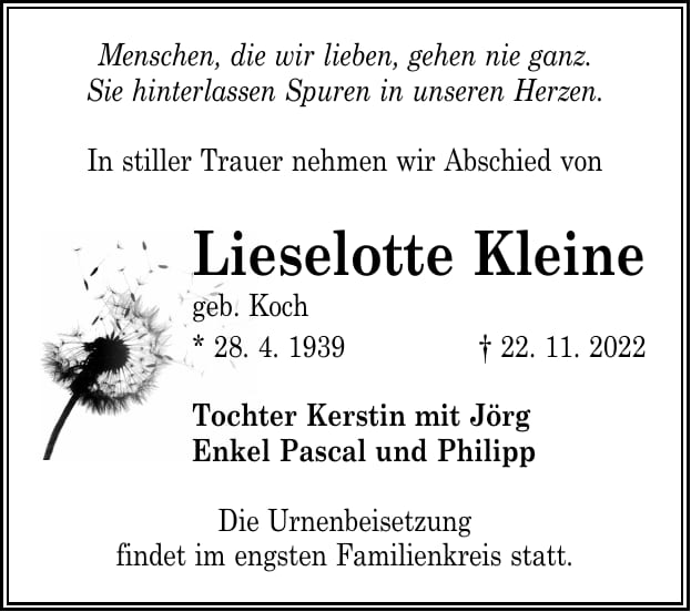 Traueranzeige Lieselotte Kleine, geb. Koch