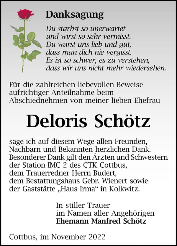 Danksagung Deloris Schötz