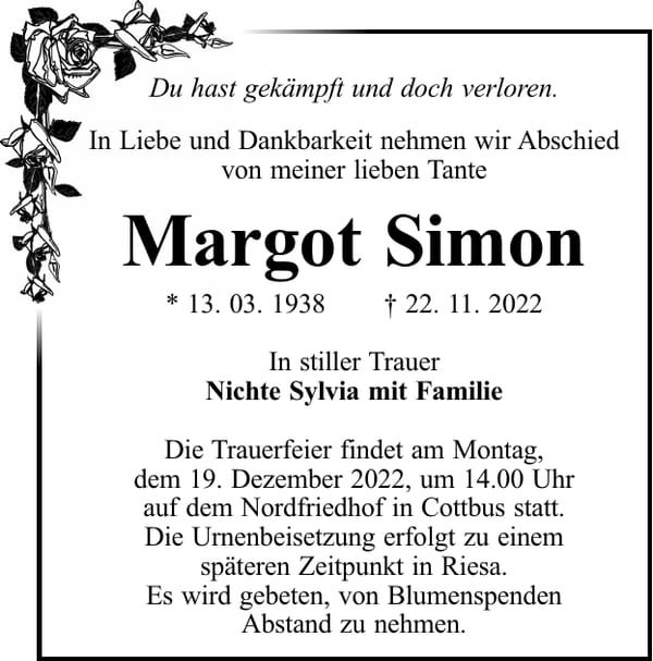Traueranzeige Margot Simon