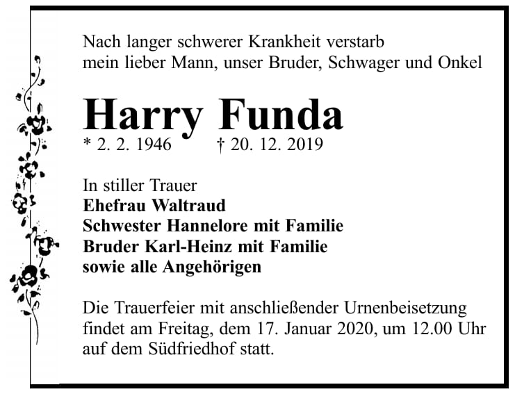 Traueranzeige Harry Funda
