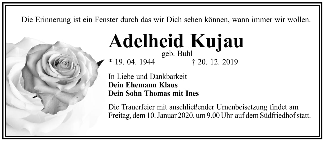 Traueranzeige Adelheid Kujau, geb. Buhl
