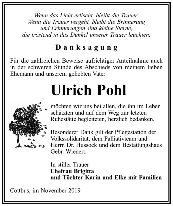 Traueranzeige Ulrich Pohl