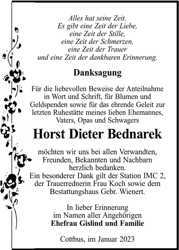 Danksagung Horst Dieter Bednarek