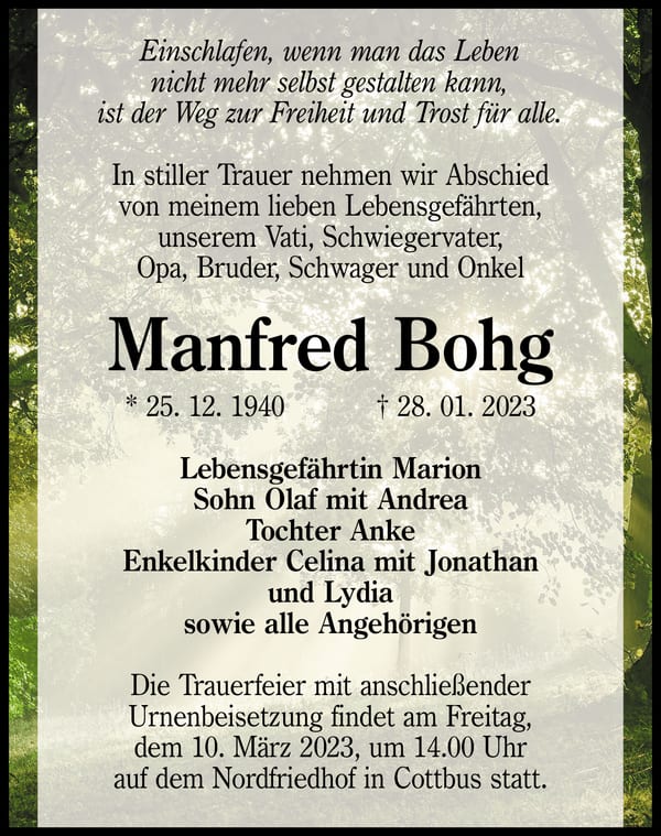 Traueranzeige Manfred Bohg