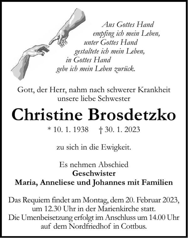 Traueranzeige Christine Brosdetzko