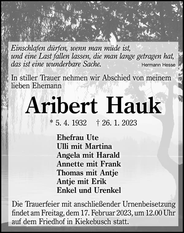 Traueranzeige Aribert Hauk