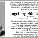 Traueranzeige Ingeborg Sündermann, geb. Geisler