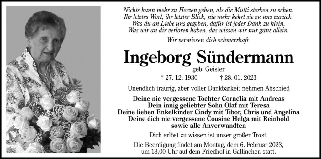 Traueranzeige Ingeborg Sündermann, geb. Geisler