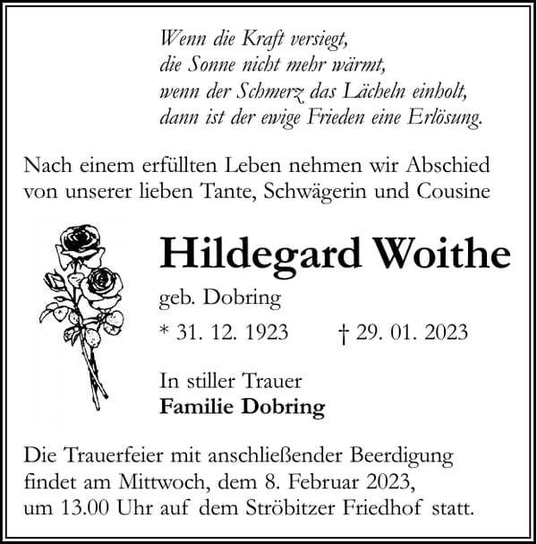 Traueranzeige Hildegard Woithe, geb. Dobring
