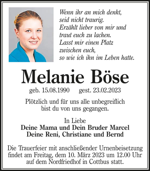Traueranzeige Melanie Böse