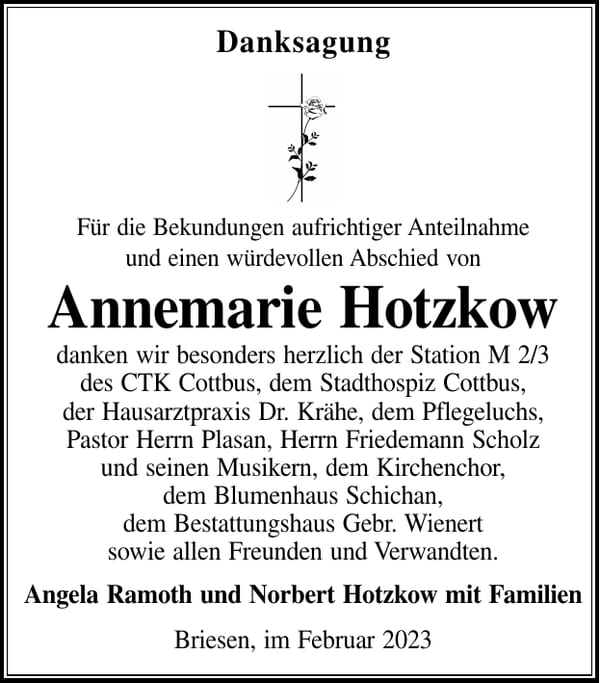 Danksagung Annemarie Hotzkow