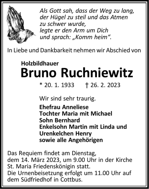 Traueranzeige Bruno Ruchniewitz