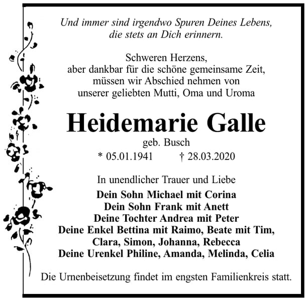 Traueranzeige Heidemarie Galle, geb. Busch