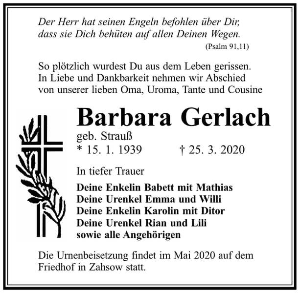 Traueranzeige Barbara Gerlach, geb. Strauß