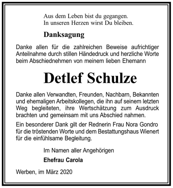 Danksagung Detlef Schulze