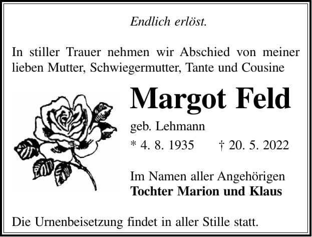 Traueranzeige Margot Feld, geb. Lehmann