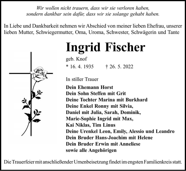 Traueranzeige Ingrid Fischer, geb. Knof
