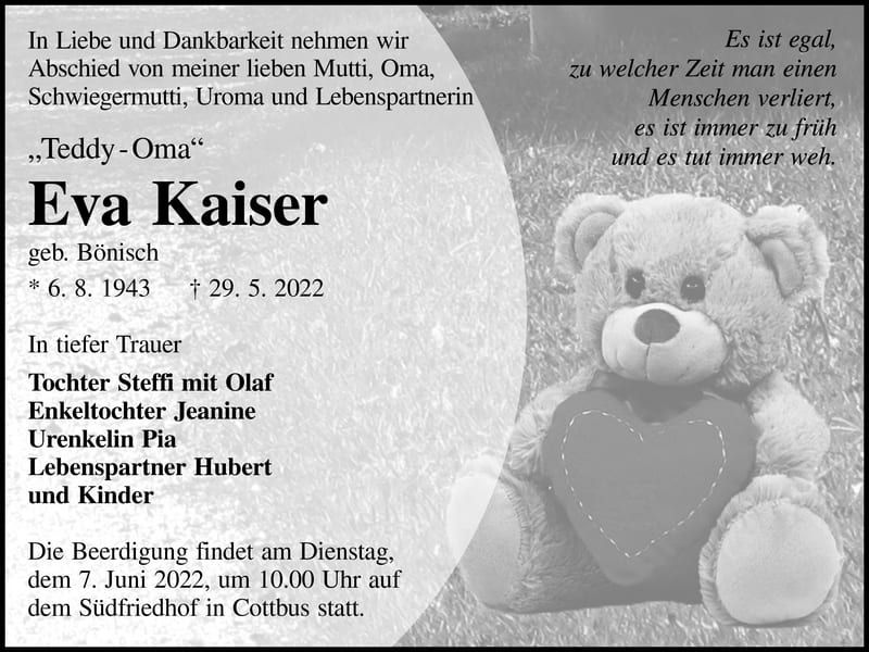 Traueranzeige Eva „Teddy-Oma“ Kaiser, geb. Bönisch