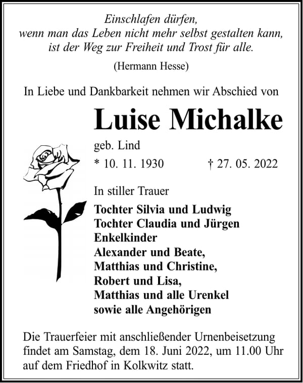 Traueranzeige Luise Michalke, geb. Lind