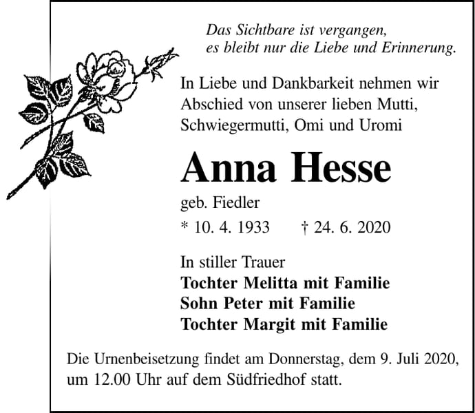 Traueranzeige Anna Hesse, geb. Fiedler
