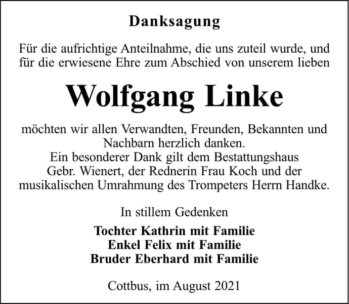 Danksagung Wolfgang Linke