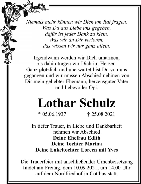 Traueranzeige Lothar Schulz