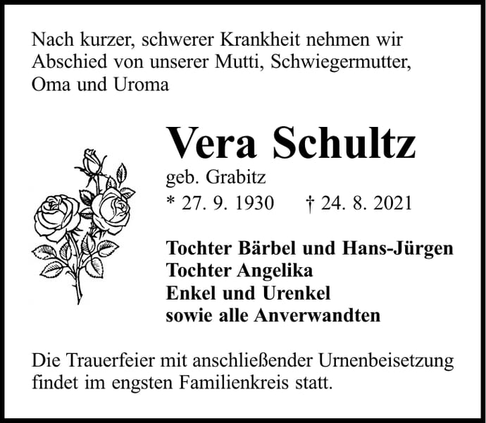 Traueranzeige Vera Schultz, geb. Grabitz