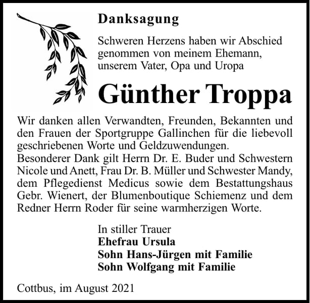 Danksagung Günther Troppa