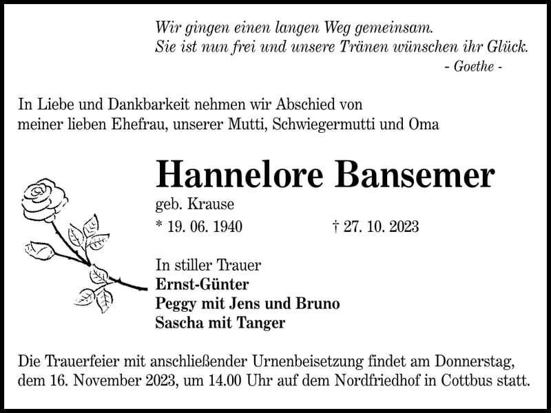 Traueranzeige Hannelore Bansemer, geb. Krause