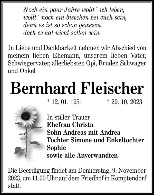 Traueranzeige Bernhard Fleischer