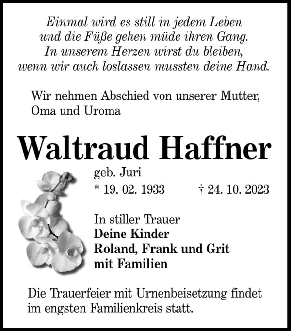 Traueranzeige Waltraud Haffner, geb. Juri