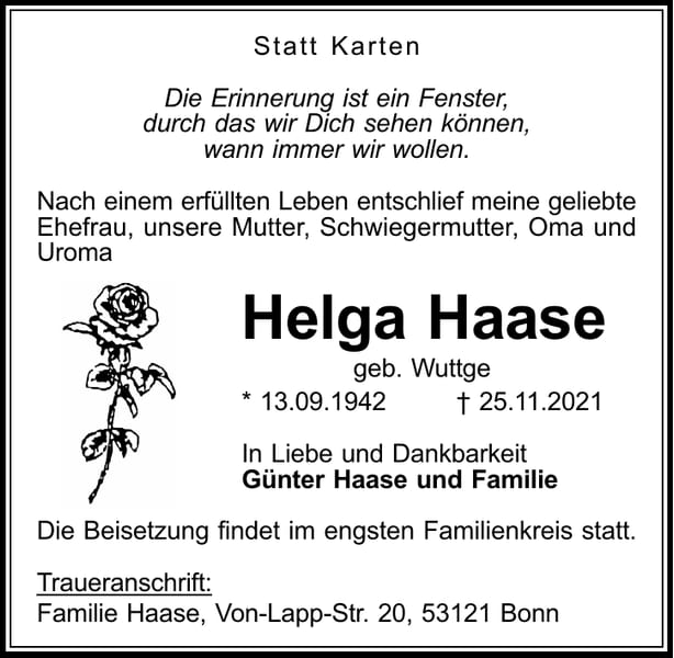 Traueranzeige Helga Haase, geb. Wuttge