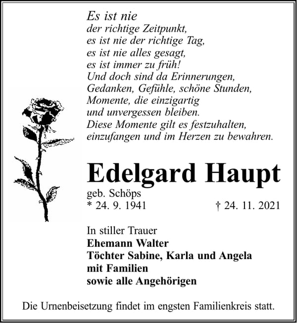 Traueranzeige Edelgard Haupt, geb. Schöps