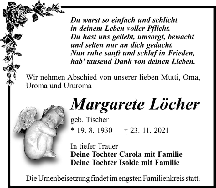 Traueranzeige Margarete Löcher, geb. Tischer