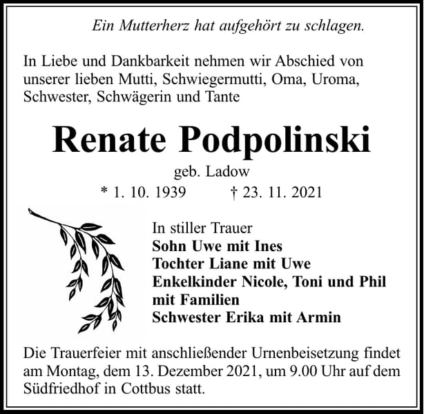 Traueranzeige Renate Podpolinski, geb. Ladow