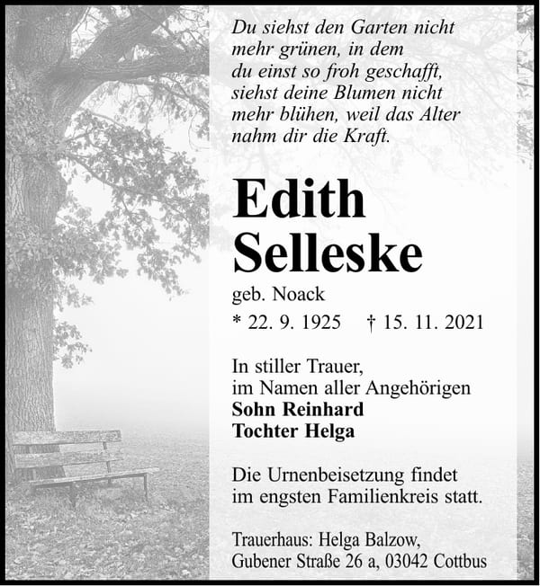 Traueranzeige Edith Selleske, geb. Noack