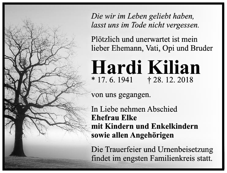 Traueranzeige Hardi Kilian