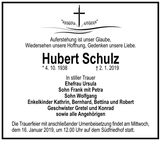 Traueranzeige Hubert Schulz