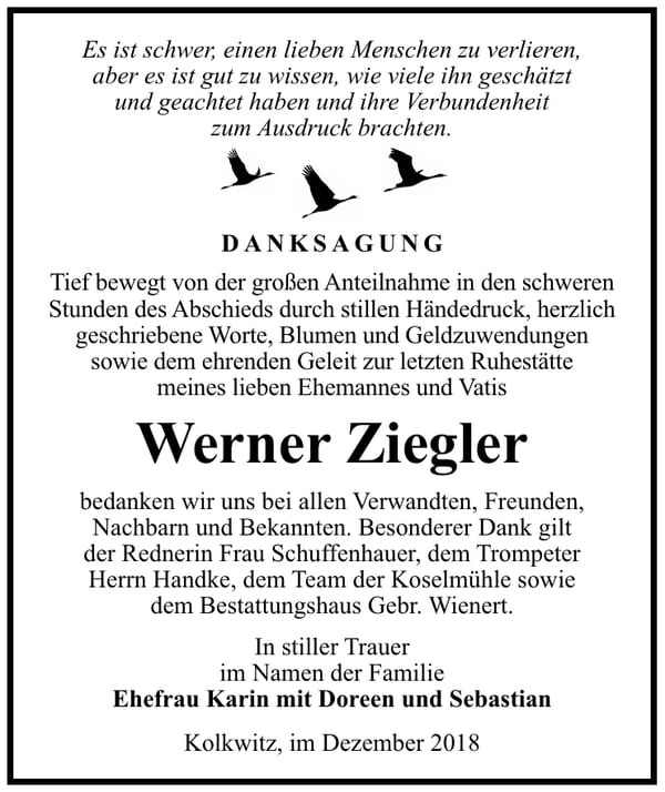 Danksagung Werner Ziegler
