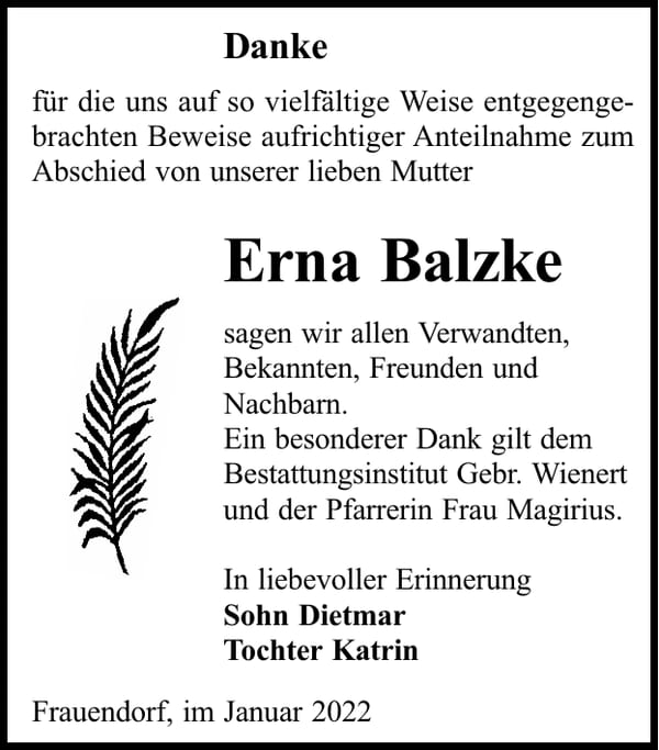 Danksagung Erna Balzke