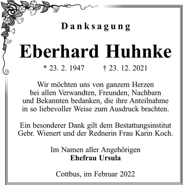 Danksagung Eberhard Huhnke