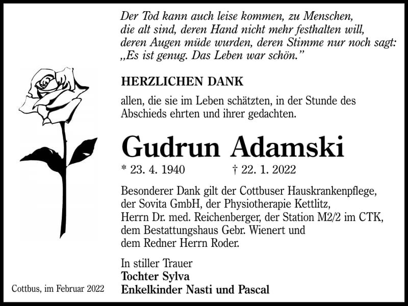 Danksagung Gudrun Adamski