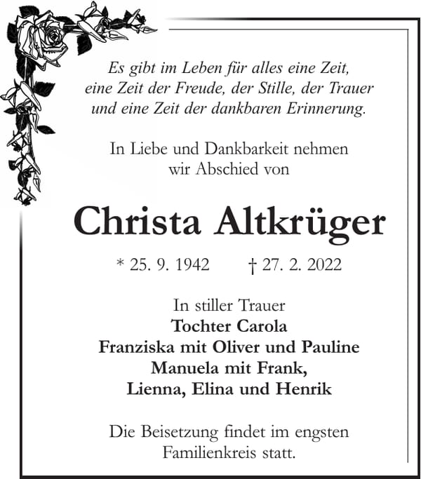 Traueranzeige Christa Altkrüger