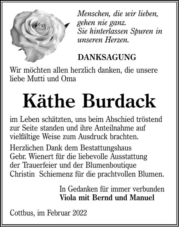 Danksagung Käthe Burdack