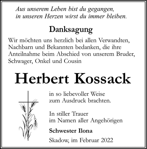 Danksagung Herbert Kossack