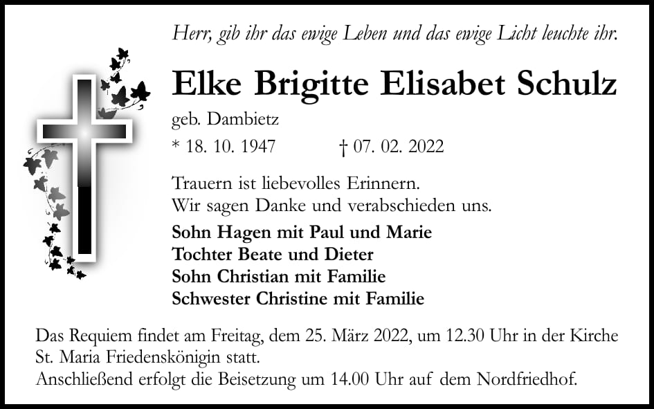 Traueranzeige Elke Brigitte Elisabet Schulz, geb. Dambietz
