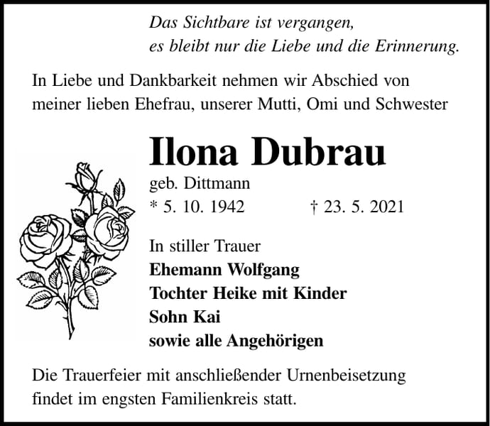 Traueranzeige Ilona Dubrau, geb. Dittmann