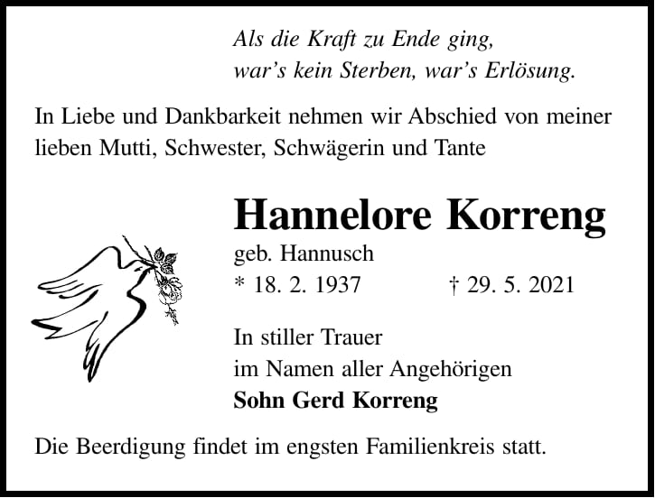 Traueranzeige Hannelore Korreng, geb. Hannusch