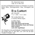 Traueranzeige Eva Luttert, geb. Hanschel